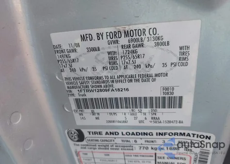 2009 Ford F-150 Xlt из США, поврежденный, VIN 1FTRW12809FA18216